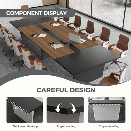 Nuipesn 118 Inch Rectangular Conference Table, 10FT Meeting Table for 10-12, Built-in Power Outlets & USB Charging Ports, Cable Management Box, 2 Inch Thick Top, Walnut/Grey Nuipesn