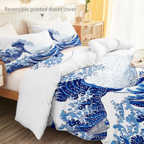 Single 61" x 79" Bedding Duvet Cover Set - Blue Minimalist Abstract Ocean Waves Printed 3 Piece Brushed Microfiber Comforter Quilt Cover with Zipper Closure for Men and Women Generic