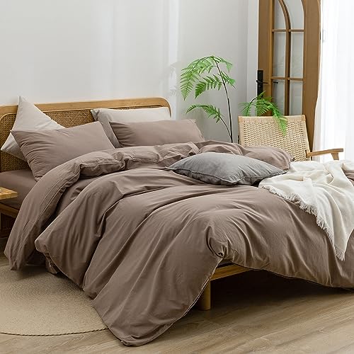 BESTOUCH Duvet Cover Set 100% Washed Cotton Linen Feel Super Soft Comfortable Chic Lightweight 3 PCs Home Bedding Set Solid Pine Bark Brown Queen BESTOUCH