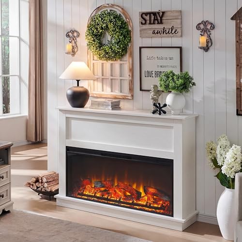 Andehomy 51" Farmhouse Electric Fireplace TV Stand with Mantel, 42" Insert Electric Fireplace Heater with Remote Control, Adjustable 3D Flame Effect, White Andehomy