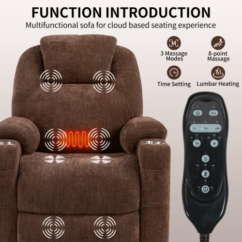 Dual Motor Power Lift Recliner Chair for Elderly,Heavy Duty 400 lbs, Oversized with Heat & Massage,Zero Gravity Lay Flat, Adjustable Lumbar Support, Electric Lift Assist Recliner (Brown+2 Cup) Anwick