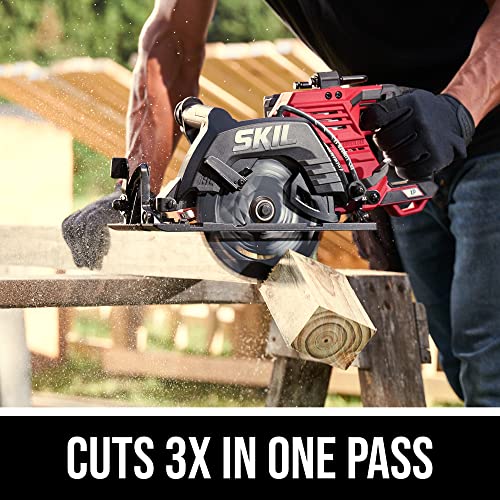 SKIL 2x20V PWR CORE 20 Brushless 7-1/4” Rear Handle Circular Saw Kit Includes Two 5.0Ah Batteries and Dual Port Auto PWR Jump Charger-CR5429B-20, Red - WoodArtSupply