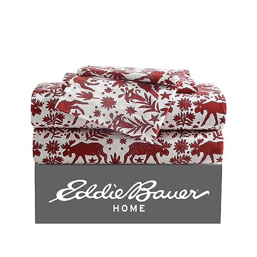 Eddie Bauer 3 Pc Flannel Sheets Twin Size - 100% Cotton Breathable & Soft Twin Sheets Set (1 Flat, 1 Flannel Fitted Sheet & 1 Pillowcase) - 12" Deep Pocket All Seasons Sheet Set (Arcadia Red) Eddie Bauer