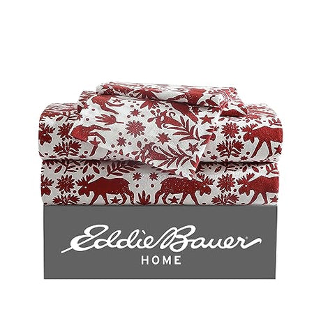 Eddie Bauer 3 Pc Flannel Sheets Twin Size - 100% Cotton Breathable & Soft Twin Sheets Set (1 Flat, 1 Flannel Fitted Sheet & 1 Pillowcase) - 12" Deep Pocket All Seasons Sheet Set (Arcadia Red) Eddie Bauer