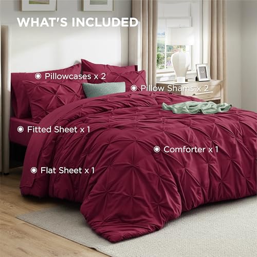 Bedsure Full Comforter Set Dark Red - Bed in a Bag Full Size Bedding Set 7 Pieces, GentleSoft™ Pintuck Bed Set Gift for Family, Pinch Pleat All Season Comforter with Sheets, Pillowcases & Shams Bedsure