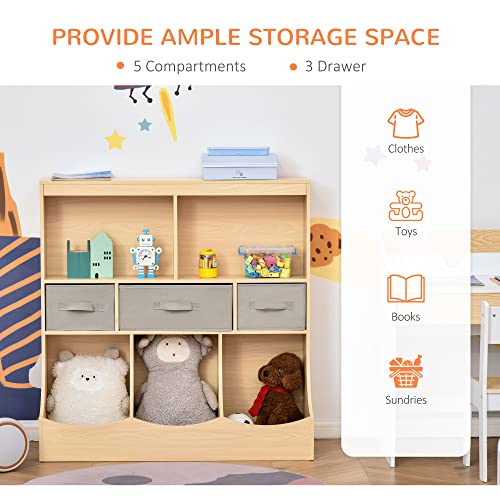HOMCOM Natural Wood Kids Bookcase and Toy Storage Organizer with Drawers HOMCOM