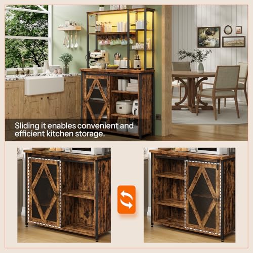 HOOBRO Bakers Rack with Power Outlet and LED Light, Microwave Stand with Sliding Barn Door, Coffee Bar Cabinet with 6-S Hooks, Kitchen Storage Shelf with Cabinet, Rustic Brown and Black BF23UDHB01