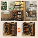 HOOBRO Bakers Rack with Power Outlet and LED Light, Microwave Stand with Sliding Barn Door, Coffee Bar Cabinet with 6-S Hooks, Kitchen Storage Shelf with Cabinet, Rustic Brown and Black BF23UDHB01