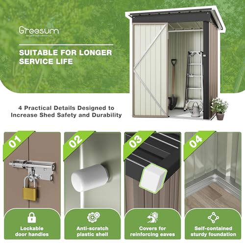 Greesum Outdoor Storage Shed 5 x 3 ft. Utility Tool Shed Metal Storage Garden Shed with Door & Lock for Patio Storage, Brown Greesum