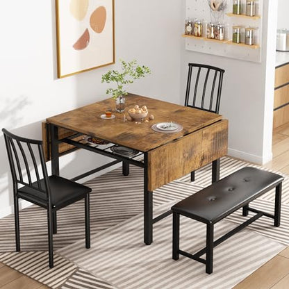 AWQM 4-Piece Faux Wood Drop Leaf Dining Table with Storage Rack, Space Saving Breakfast Nook Table Set with 2 Backrest Chairs and 1 Upholstered Bench, Kitchen Dining Table and Chairs Set for 2-4