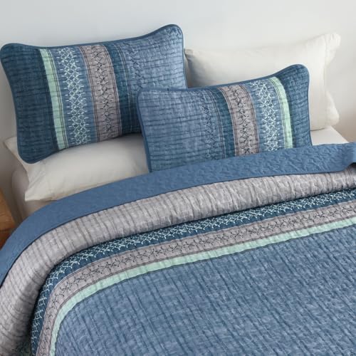 Menghomeus Blue Quilt Set King Size, 3 Pieces Striped Patchwork Quilted Bedding Sets, Soft Lightweight King Bedspreads Coverlets Bedding Set for All Seasons 104"x90" Menghomeus