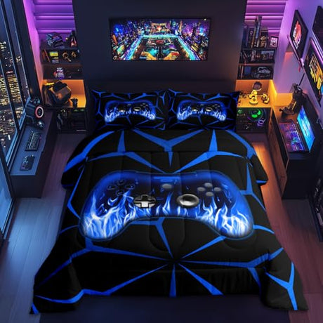 Feelyou Kids Gamer Comforter Set,Gaming Bedding Set Twin Size for Boys Girls,3D Geometric Video Game Console Comforter,Blue and Black Game Contoller Bed Set for All Season Feelyou
