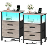Vagusicc Night Stand Set 2, LED Nightstand with Charging Station, Bedside Table with USB Ports & Outlets, 24.2" Tall End Table with open Shelf, Bed Side Table with 2 Fabric Drawers for Bedroom, Greige Vagusicc