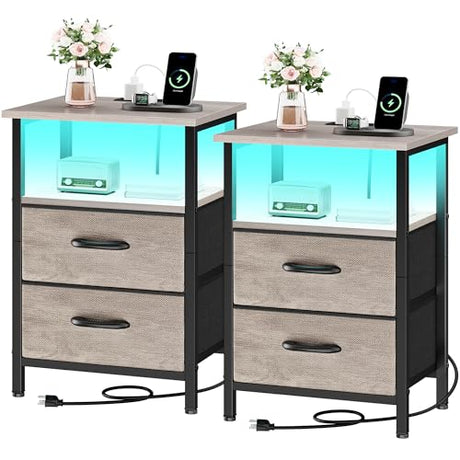 Vagusicc Night Stand Set 2, LED Nightstand with Charging Station, Bedside Table with USB Ports & Outlets, 24.2" Tall End Table with open Shelf, Bed Side Table with 2 Fabric Drawers for Bedroom, Greige Vagusicc