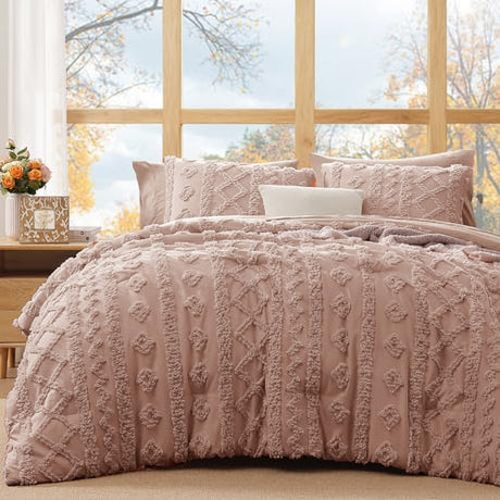 WRENSONGE Full Size Comforter Set with Sheets - 7 Pieces Rusty Pink Tufted Bed in a Bag Full Shabby Chic Bedding Sets with 1 Comforter, 2 Sheets, 2 Pillowcases & 2 Shams WRENSONGE