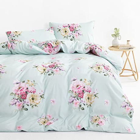 Wake In Cloud - Floral Comforter Set, Shabby Chic Farmhouse Cottagecore Vintage Colorful Pastel Spring Flowers, Soft Lightweight Bedding for Women Girls, 3 Pieces, Green, Full Size Wake In Cloud