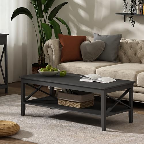 ChooChoo Oxford Coffee Table with Thicker Legs, Black Wood Coffee Table with Storage for Living Room, 47 inch ChooChoo