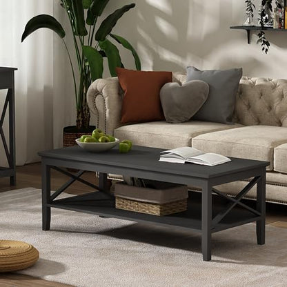 ChooChoo Oxford Coffee Table with Thicker Legs, Black Wood Coffee Table with Storage for Living Room, 47 inch - WoodArtSupply