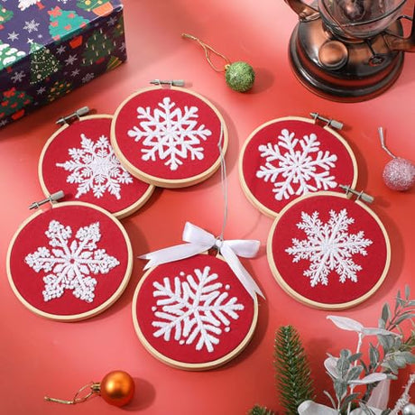 Roowest 6 Sets Winter Embroidery Kits for Beginners Adults Winter Snowflakes Cross Stitch Embroidery Ornament Kit DIY Craft Needlepoint Sets with Pattern Instructions Thread Needle Ribbon(Red) Roowest