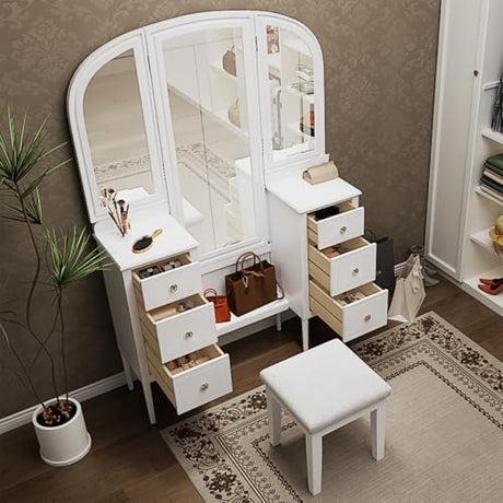JIJIWANG 68.75H Antique Makeup Vanity Desk with Triple Mirror,6-Drawer Dressing Table Set Including Stool,Full Length Mirror for Bedroom Dressing Room,White JIJIWANG