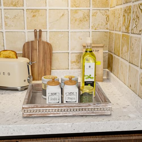 MAONAME Wood Decorative Tray, Farmhouse Wooden Tray for Coffee Table, Rustic Square Tray with Beads, Washed White Serving Tray for Living Room, Kitchen, 12" X 12" X 1.6" MAONAME