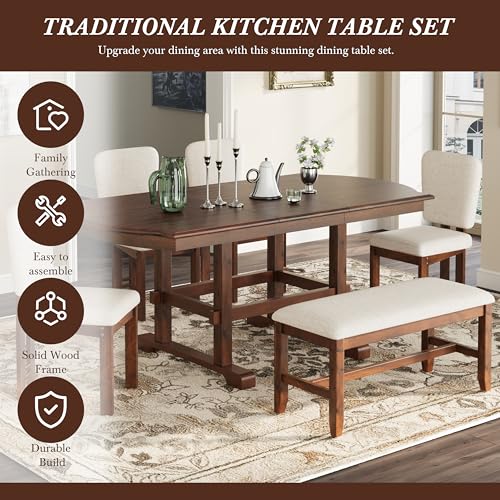 Merax Solid Wood Extendable Dining Table for 4-8 People with Seamless Extension from 60 to 78 Inches, 6-Piece Retro Dining Set with Rectangular Kitchen Table, Bench and 4 Chairs, Space-Saving Design Merax