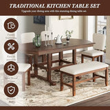 Merax Solid Wood Extendable Dining Table for 4-8 People with Seamless Extension from 60 to 78 Inches, 6-Piece Retro Dining Set with Rectangular Kitchen Table, Bench and 4 Chairs, Space-Saving Design Merax