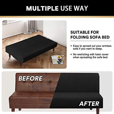 PrinceDeco Stretch Armless Futon Cover Futon Slipcover Full Queen Size Futon Couch Sofa Cover Bed Cover Furniture Protector with Elastic Bottom, Checked Pattern Jacquard, Black PrinceDeco
