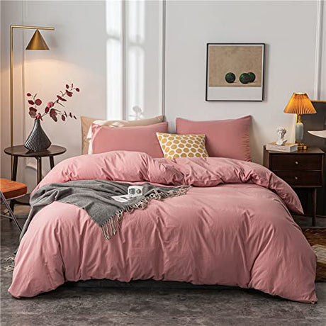 Janlive Washed Cotton Duvet Cover Twin Ultra Soft 100% Cotton Solid Color Rose Duvet Cover Set with Zipper Closure -2 Pieces Pink Bean Paste Twin Janlive