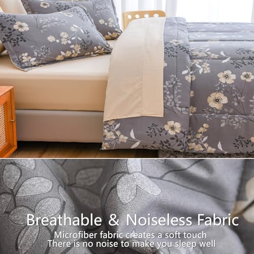 AIKASY Grey King Bed in a Bag 7-Pieces, Comforter Set with Sheets,Tree Branches and Flowers Printing Design,Ultra Soft Down Alternative All Season Bedding Set(King, Grey) AIKASY