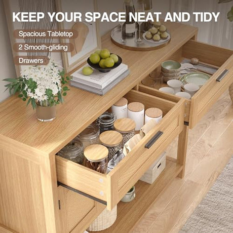 FiveWillowise Buffet Sideboard Cabinet with Open Storage, Boho Storage Cabinet with Rattan Doors and Drawers, Rattan Console Table Coffee Bar Buffet Table for Entryway, Kitchen, Living Room FiveWillowise