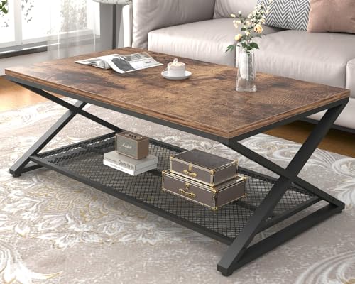 LVB Rustic Coffee Table with Storage, Industrial Wood Metal 2 Tier Center Living Room Table with Mesh Shelf, Farmhouse Wooden Low Rectangle Cocktail Tea Table for Office Bedroom, 47 inch, Rustic Brown LVB