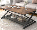 LVB Rustic Coffee Table with Storage, Industrial Wood Metal 2 Tier Center Living Room Table with Mesh Shelf, Farmhouse Wooden Low Rectangle Cocktail Tea Table for Office Bedroom, 47 inch, Rustic Brown LVB