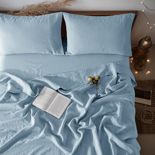 LBRO2M 100% Linen Sheet Set Twin XL Size,Bed Sheets 3 Piece Sets,Solid Color Natural Flax Bed Sheets Soft Breathable Bedding,16" Deep Pocket,All Season (Twin XL, Dusty Blue) LBRO2M