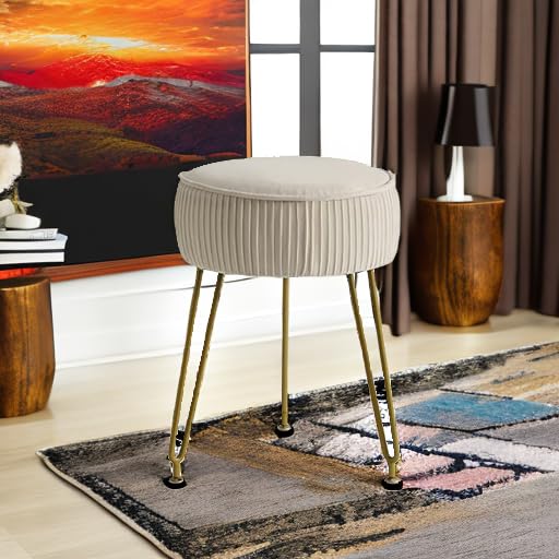 IBUYKE Velvet Round Footrest Stool Ottoman, Makeup Vanity Stool Side Table, Velvet Dressing Table Seat, Pouf Couch Stool, Golden Steel Legs, Creamy-White LG-30M IBUYKE