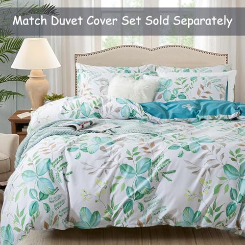 FADFAY Full Sheets 100% Cotton Teal Green Leaf Pattern Printed Bed Sheets, Botanical Sheets Leaves Pattern Modern Minimalist Bedding, Soft Crisp & Breathable Luxury Deep Pocket Fitted Sheet, 4Pc FADFAY