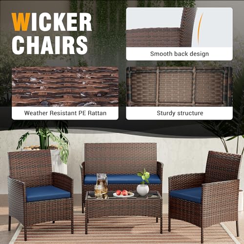 UDPATIO Patio Furniture 4 Pieces Outdoor Wicker Rattan Chair Balcony Conversation Sets Porch Furniture Sectional Loveseat w Cushions and Table for Backyard Pool Garden (Brown-Blue)