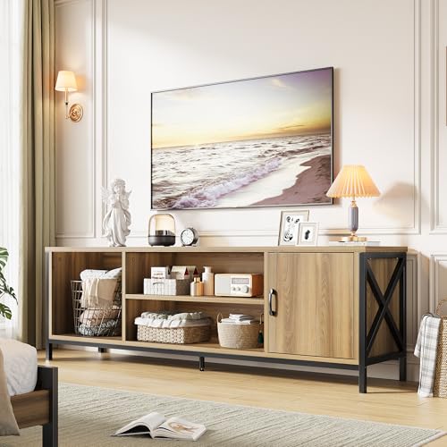 Vividwood Farmhouse TV Stand for 65 70 75 Inch TVs, 63" Entertainment Center with 3-Tier Storage Shelves and Cabinet for Living Room and Bedroom Vividwood