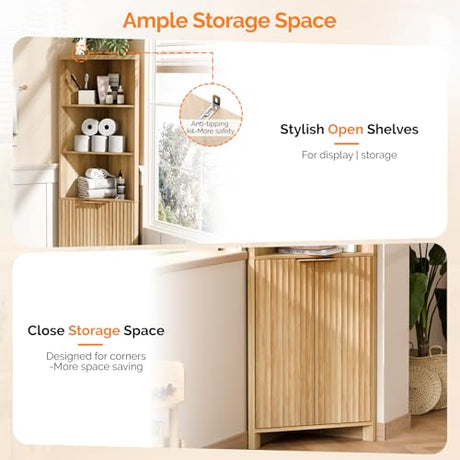 VINGLI 68" Tall Corner Cabinet with Fluted Doors,Corner Bathroom Storage Cabinet Pantry Hutch Display Shelves Adjustable for Kitchen, Living Room Modern Space Saver Shelf Bathroom Furniture,Oak VINGLI