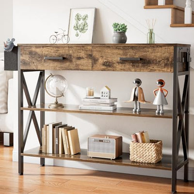 Gizoon 39" Rustic Brown Industrial Console Table with 2 Drawers and 3-Tier Storage Shelves
