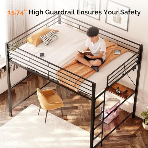 VINGLI Loft Bed Full Size with 15 Inches Extra Tall Guardrail, LED Lights and Desk Underneath, Industrial Metal Double High Sleeper with 2 Charging Stations and Flat Rung Steps, Space Saving,Black VINGLI