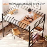 VINGLI Loft Bed Full Size with 15 Inches Extra Tall Guardrail, LED Lights and Desk Underneath, Industrial Metal Double High Sleeper with 2 Charging Stations and Flat Rung Steps, Space Saving,Black VINGLI