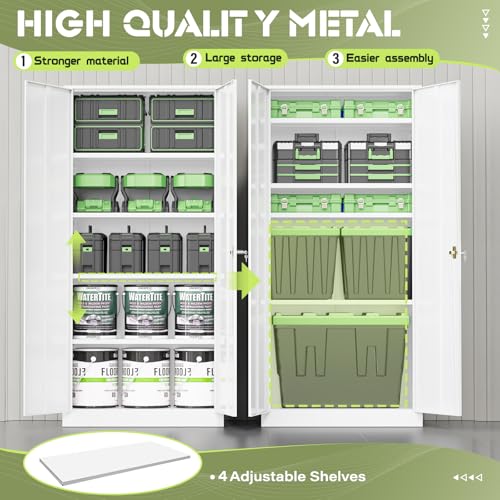 Crownland 72" Lockable Metal Storage Cabinet, Garage Storage Cabinets, High Office Cabinet with Adjustable Shelves for Garage, Home Office,Pantry, File(White) Crownland