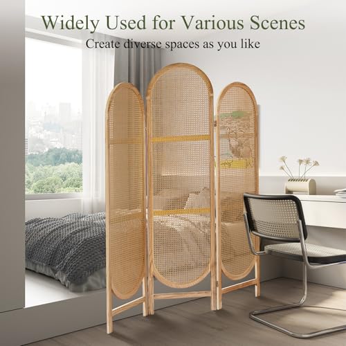 Leesinwing Room Divider Panel, 3 Panel Roomdivider Wall, Wood Room Dividers and Folding Privacy Screens, Rattan Partition Room Dividers, Privacy Dividers for Rooms, Bedroom, Dining Room, Light Brown Leesinwing