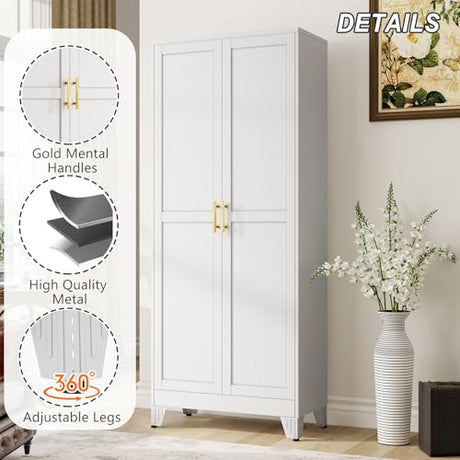winiowa Metal Pantry Cabinet with 2 Doors and Adjustable Shelves - 71" Kitchen Storage Cabinet with Gold Handles - Versatile Storage for Kitchen, Bathroom, Dining Room, Utility Room - White winiowa