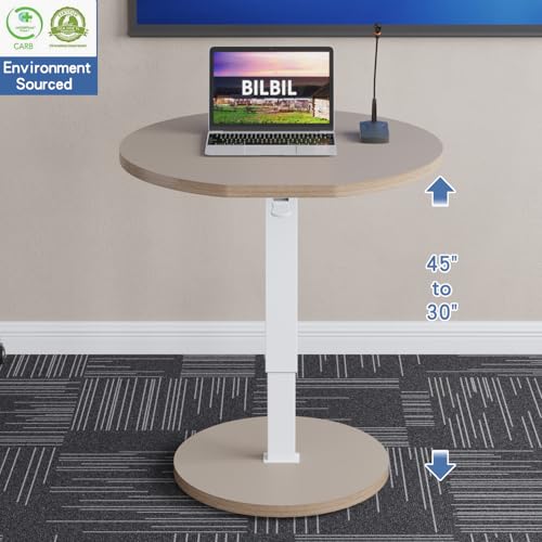 bilbil Round Pneumatic Adjustable Standing Desk, Space-Saving Circular Design with Locking Casters, Mobile Workstation for Home Office, Height-Adjustable Overbed Table, 31.5 Inch, Khaki Finish bilbil