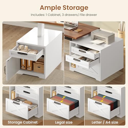 SEDETA Farmhouse L Shaped Standing Desk, 71" x 73" Height Adjustable Home Office Executive Desk with Drawers, Power Outlet, Monitor Stand, Sit Stand Table with Led Lights for Home Office, White SEDETA