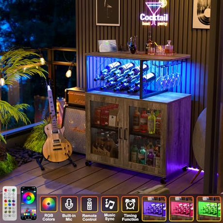 Girapow Small Bar Cart with Wheels, Liquor Cabinet with LED Light, Wine Bar Cabinet with Power Outlets, Home Mini Bar with Wine Rack, Glasses Storage for Kitchen, Dining Room, Living Room, Grey Girapow