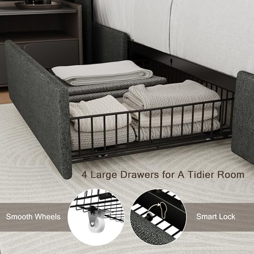 Einhomn King Size Bed Frame with 4 Storage Drawers and Charging Station, Upholstered Platform Bed Frame with Storage Headboard, No Box Spring Needed, Easy Assembly, Black Einhomn