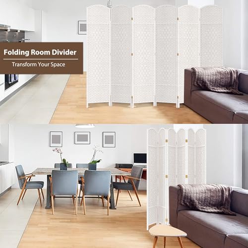 Duraspace 6 Panels Room Divider 6 FT Tall Weave Fiber Privacy Screen Freestanding Double Hinged Folding Screen Extra Wide Room Dividers for Patio Privacy (Off White) DURASPACE